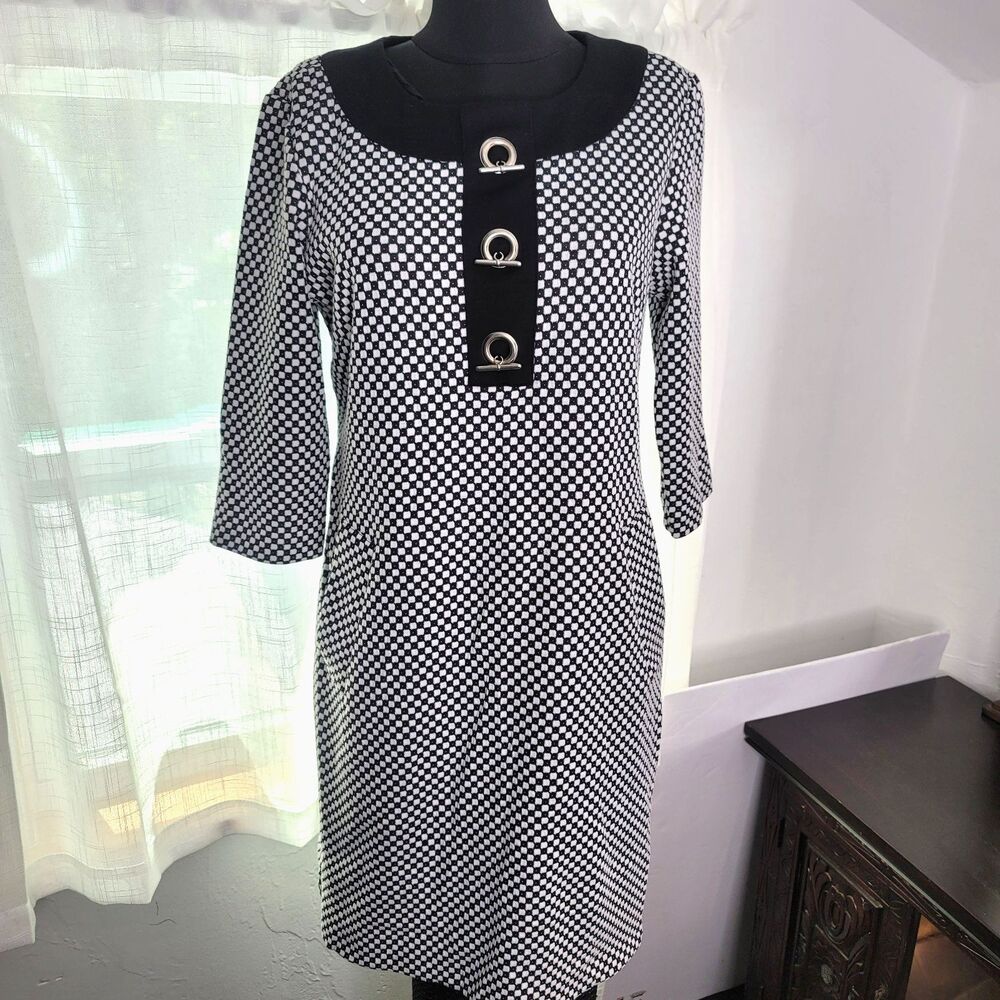 Perceptions New York Black White Geometric Sheath Dress Size 8 Toggle Detail